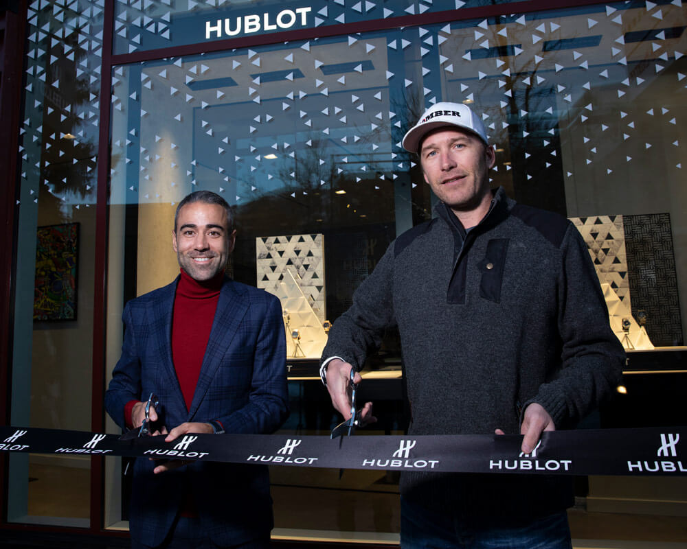 Jean Francois Sberro and Bode Miller at Hublot Aspen Boutique Opening